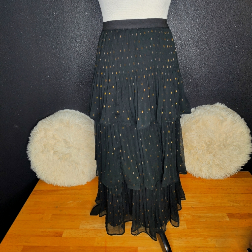 3 Tier High Waisted Black and Gold Polka Dot Pleated Skirt